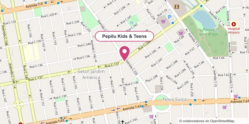 Mapa com a localização da Pepilu Kids, na esquina da Rua C-137 com a Av. C-233, Nova Suíça, Goiânia
